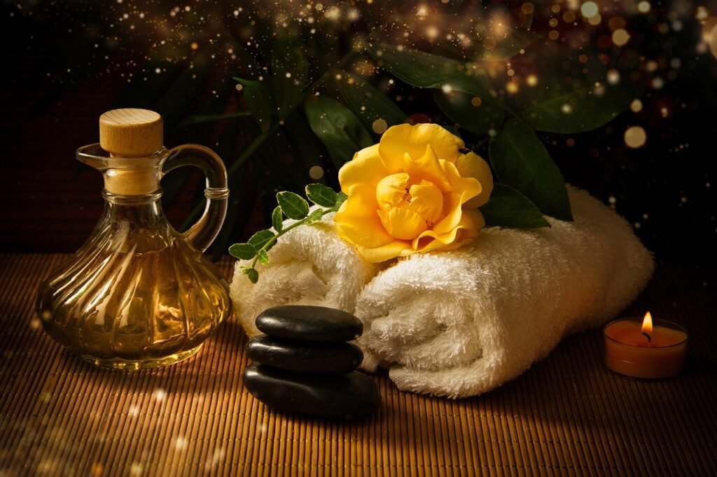 spa, massage oil, towels, flower, meditation stones, candle, yellow rose, vial, beautiful flowers, relax, flower wallpaper, flower background, relaxation, bokeh, nature, still life