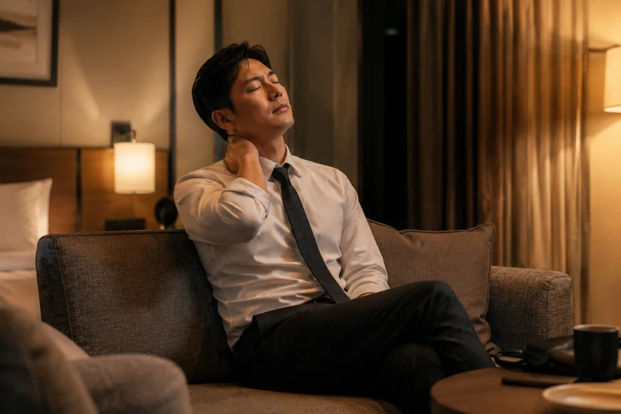 장거리 이동 후 호텔에서 받는 출장안마 휴식 장면