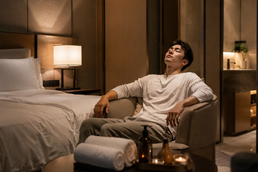 호텔에서 받는 출장안마로 하루 피로를 풀고 있는 편안한 휴식 공간