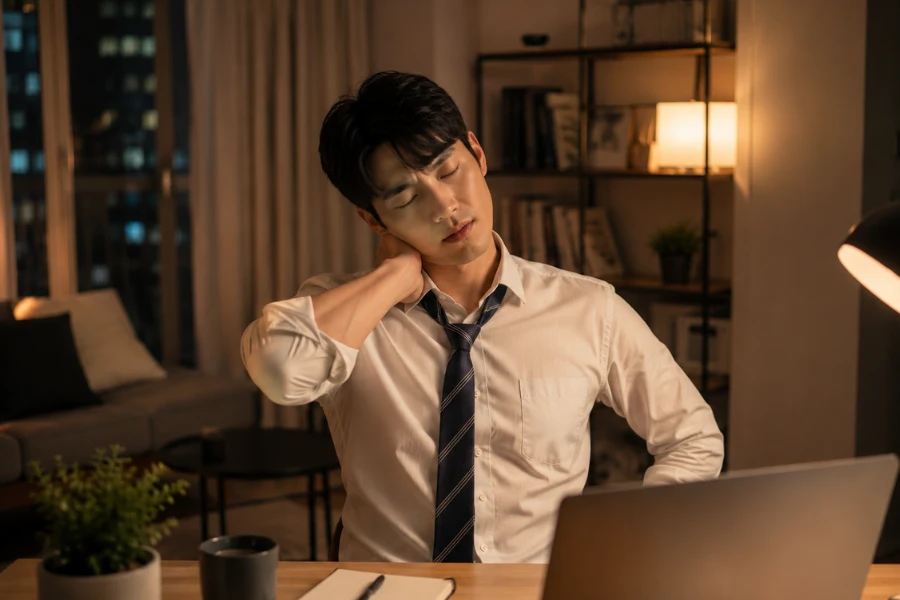 장시간 업무 후 서울출장 마사지로 어깨 피로를 풀고 있는 분위기