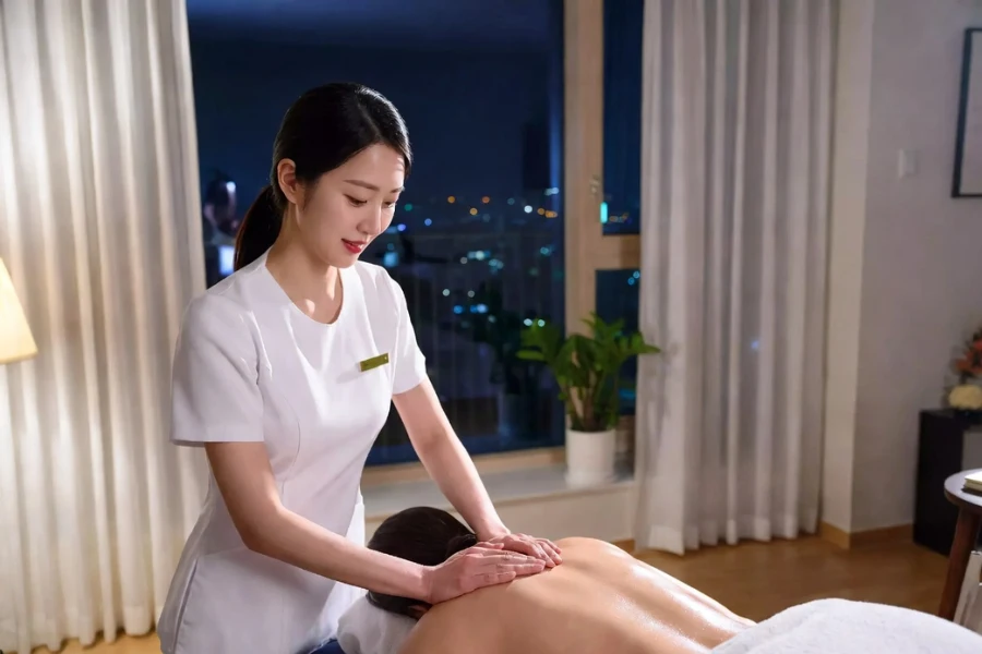 출장마사지로 뭉친 어깨와 목 근육이 이완되는 모습